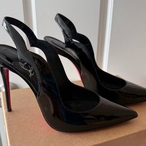 Christian Louboutin hot chick 100 
Black Patent Slingback Pumps with Red Soles